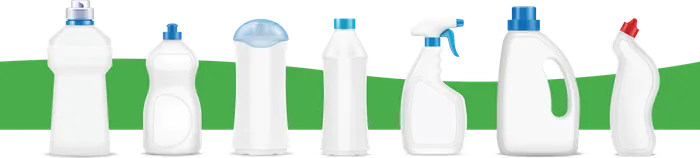 White plastic bottles in seven shapes with screw caps, pumps and a trigger sprayer