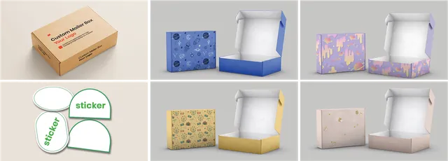 Corrugated mailer boxes in kraft, blue, lilac, yellow and blush, with custom stickers