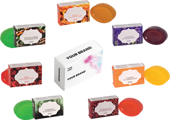 Glycerin soap bars and cartons in honey, neem and turmeric, lavender, turmeric, pomegranate, rosemary and rose, with a blank white carton marked Your Brand